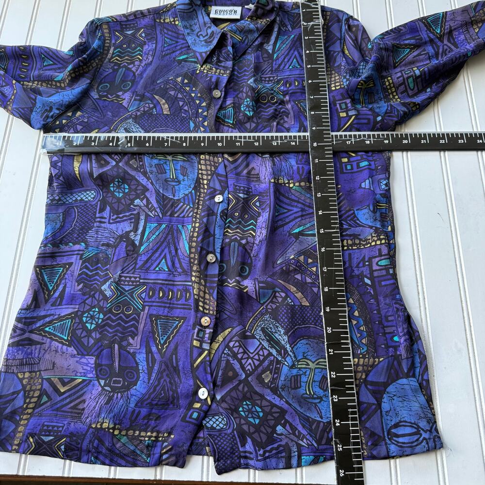 Chico's Design blouse 100% silk purple and blue artistic pattern Size XS - Picture 8 of 9